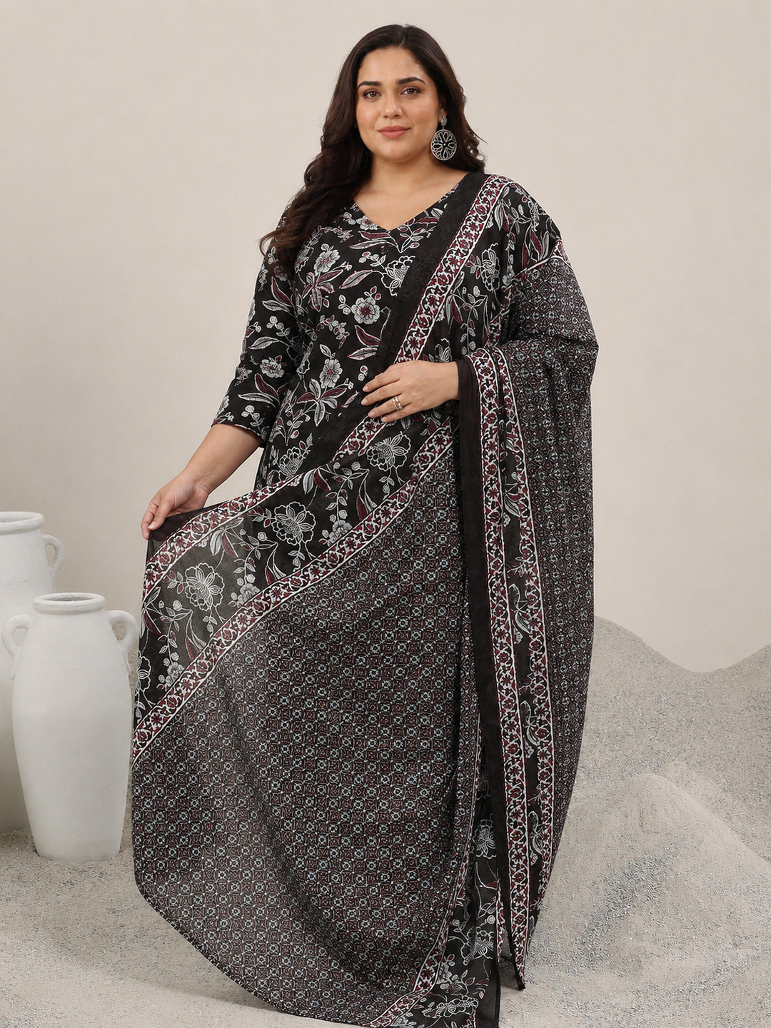 libas Plus Size Black Printed Cotton Straight Suit With Dupatta-picture-25