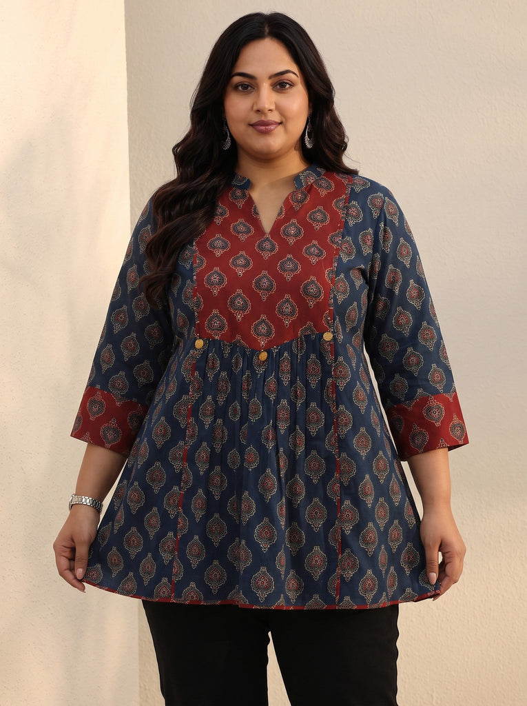 Plus Size Blue Ajarkh Printed Cotton A-Line Short Kurti