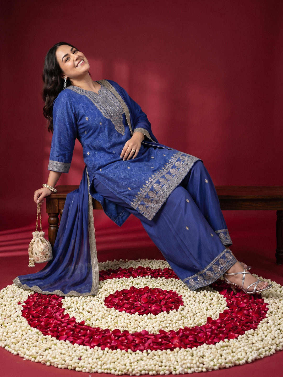  Plus Size Blue Bandhani Printed Silk Blend Palazzo Suit Set 