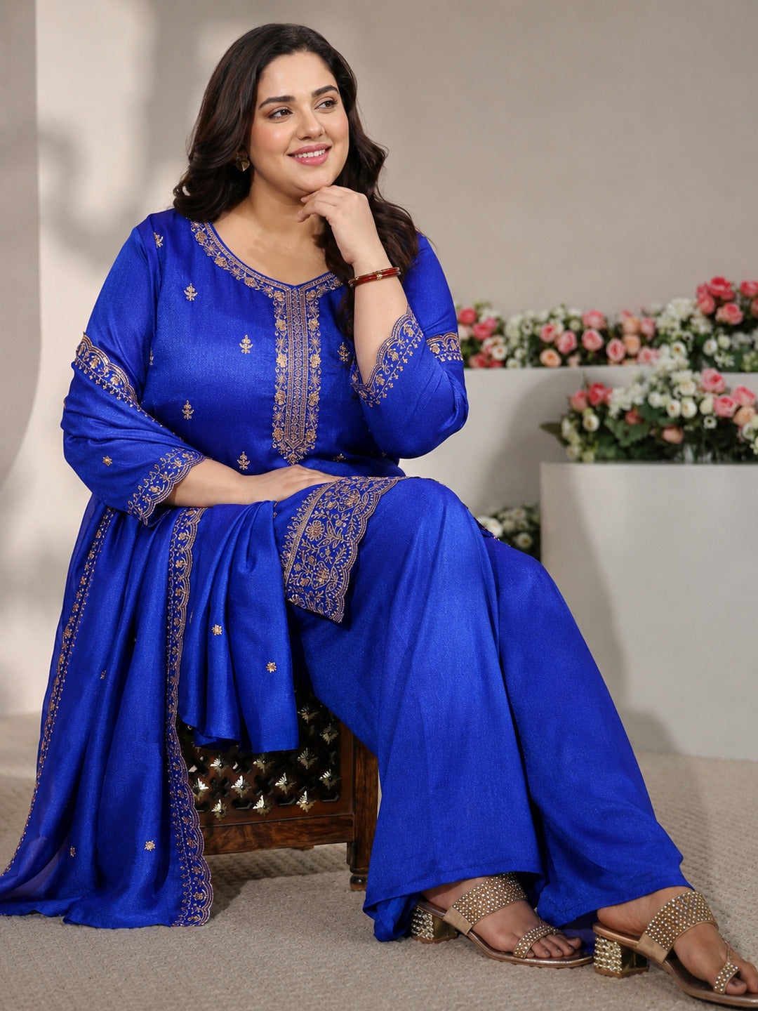 libas Plus Size Blue Embroidered Silk Blend Straight Suit Set With Dupatta-picture-18