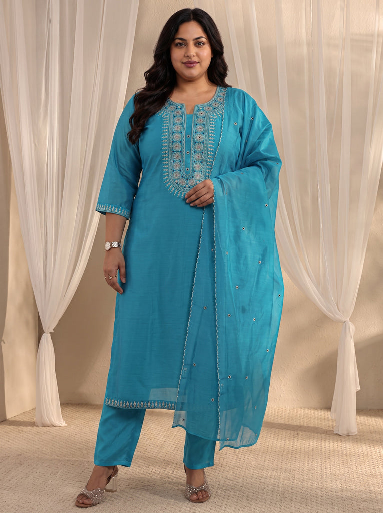 Plus Size Blue Ethnic Embroidered Chanderi Silk Straight Suit Set With Dupatta