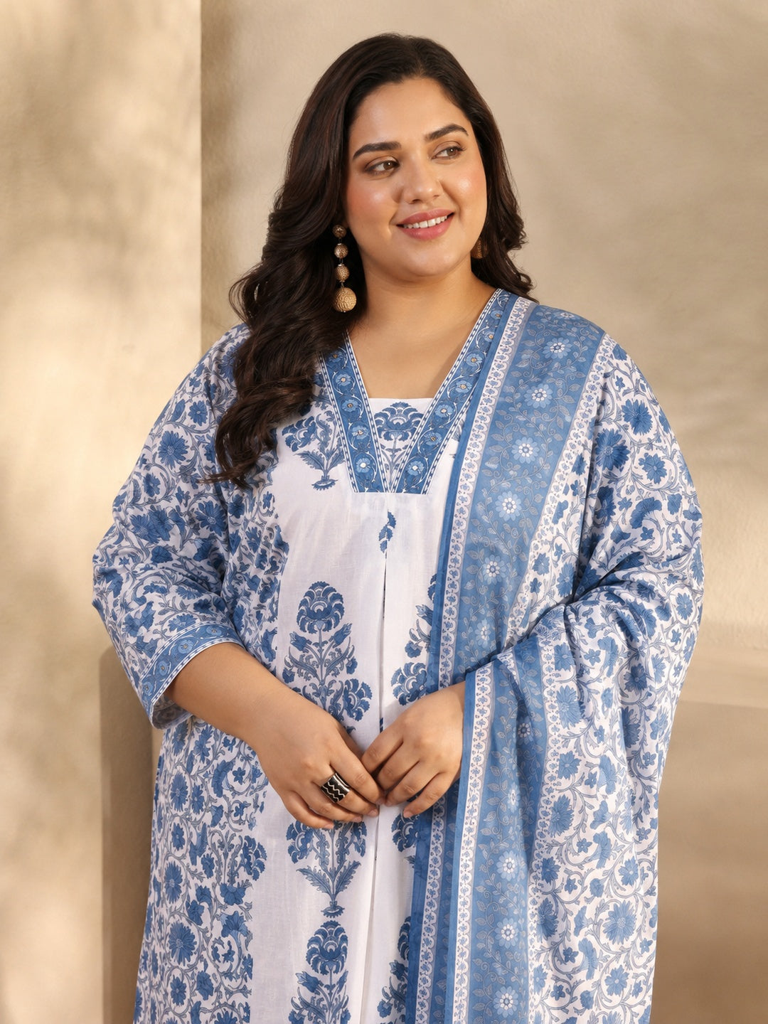  Plus Size Blue Ethnic Motif Printed Cotton A-Line Suit Set With Dupatta 