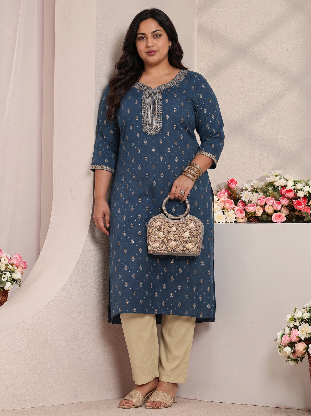 Plus Size Blue Ethnic Motifs Printed Cotton Blend Straight Kurta