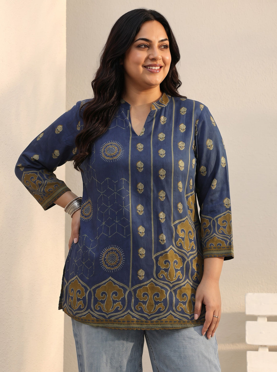  Plus Size Blue Ethnic Printed Silk Blend Straight Short Kurti 