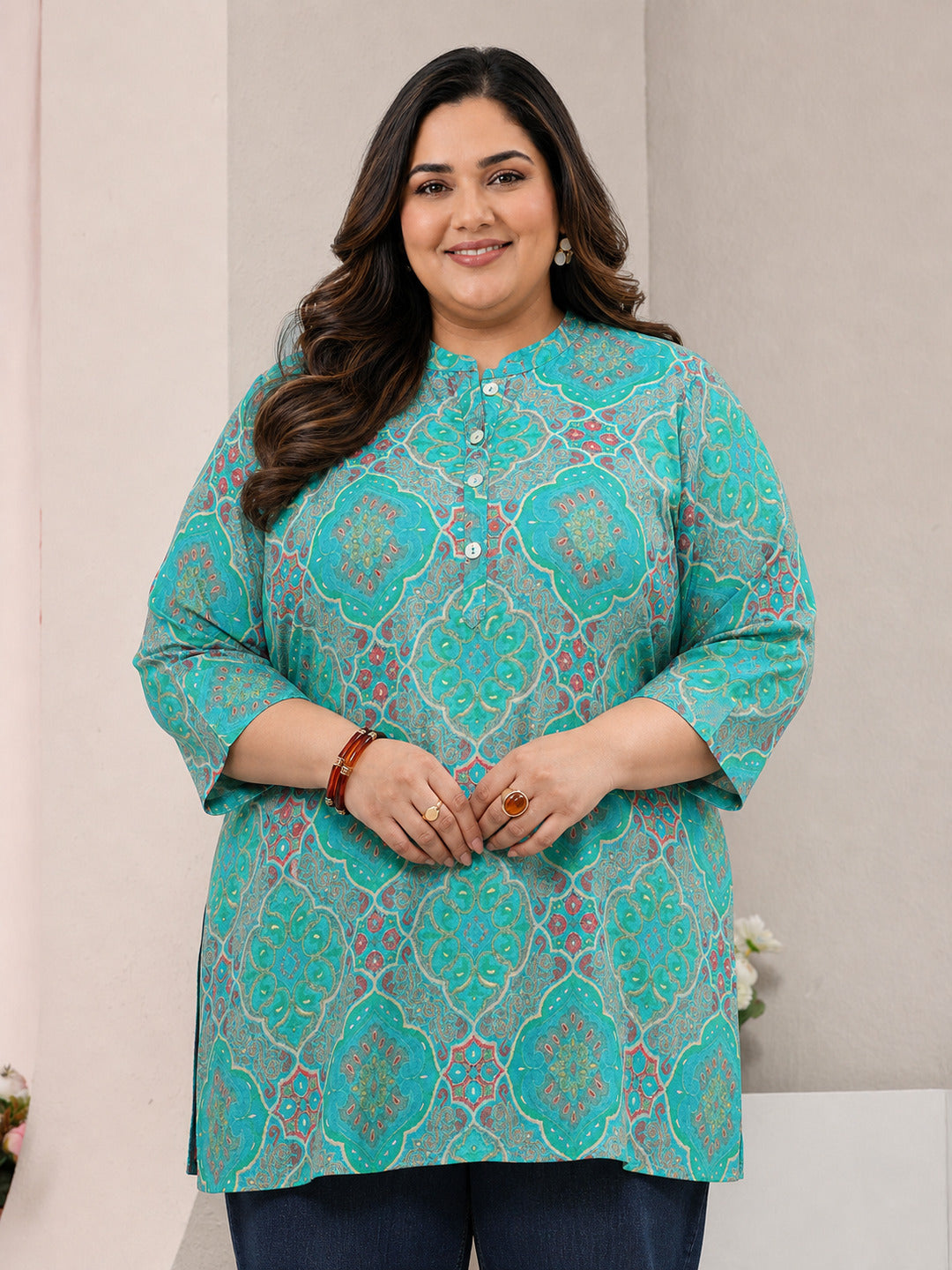  Plus Size Blue Ethnic Printed Silk Blend Straight Short Kurti 