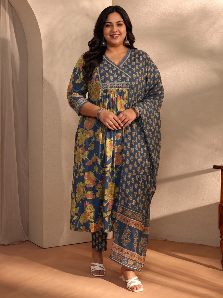 Plus Size Blue Floral Printed Cotton Blend A-Line Suit Set With Dupatta