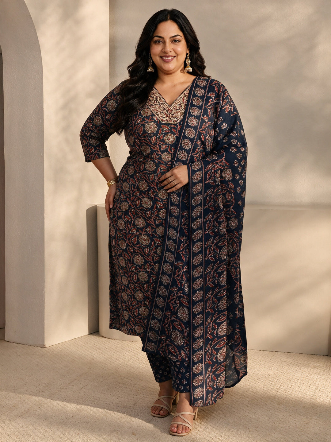 Plus Size Blue Floral Printed Cotton Blend Straight Suits Set With Dupatta