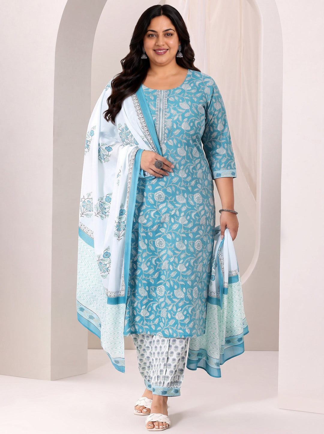 Plus Size Blue Floral Printed Cotton Straight Suit Set
