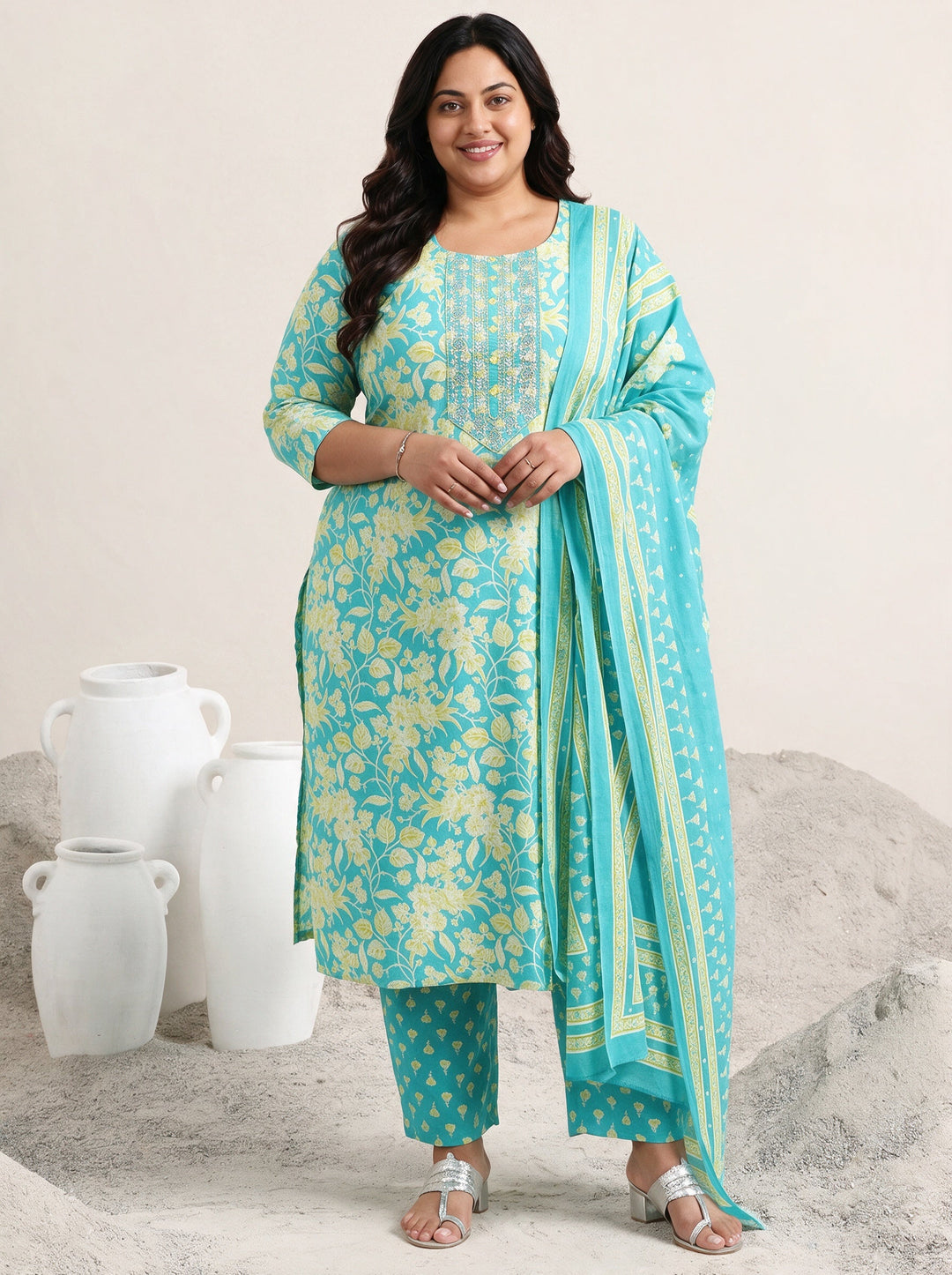 Plus Size Blue Floral Printed Cotton Straight Suit Set