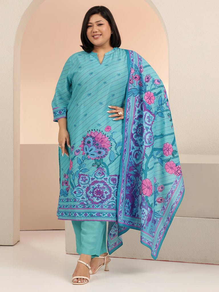 Plus Size Blue Floral Printed Straight Silk Blend Suit Set