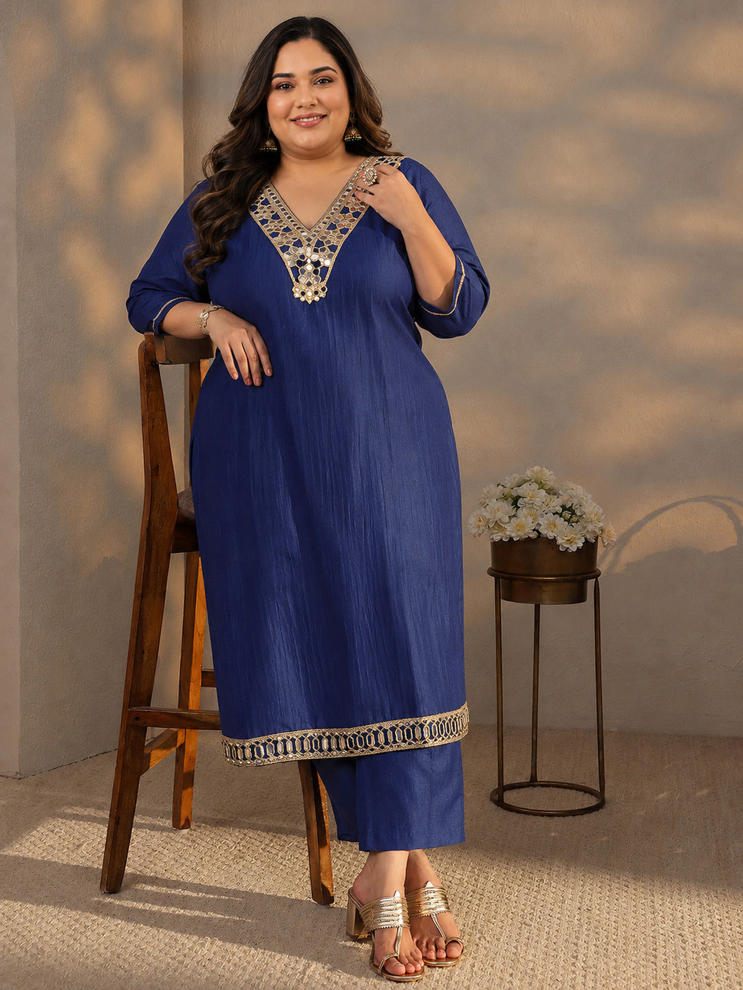 libas Plus Size Blue Mirror Work Yoke Design Silk Blend Straight Kurta Set-picture-39