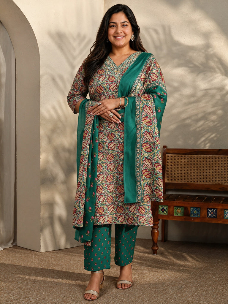 Plus Size Blue Printed Cotton Blend Straight Suit Set With Dupatta
