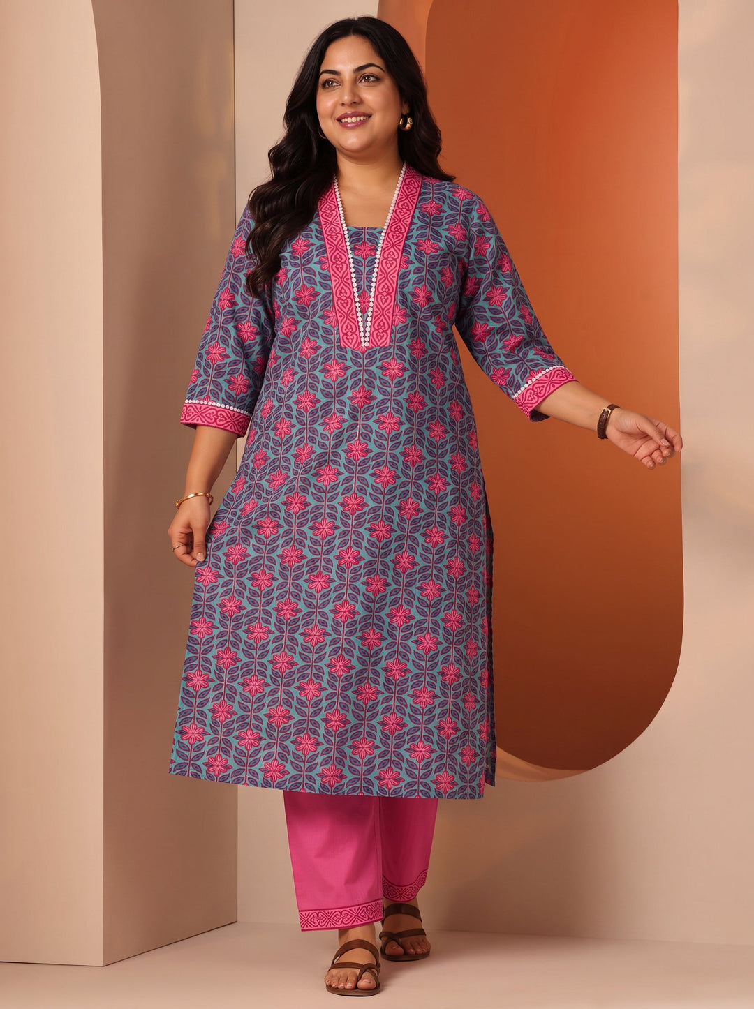 Plus Size Blue Printed Cotton Straight Kurta