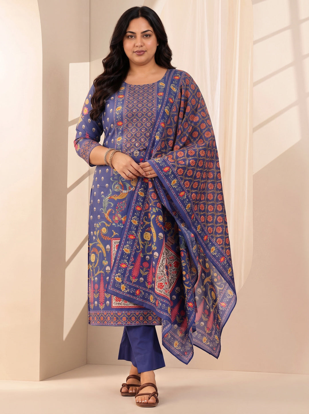  Plus Size Blue Printed Cotton Straight Suit Sets With Dupatta 