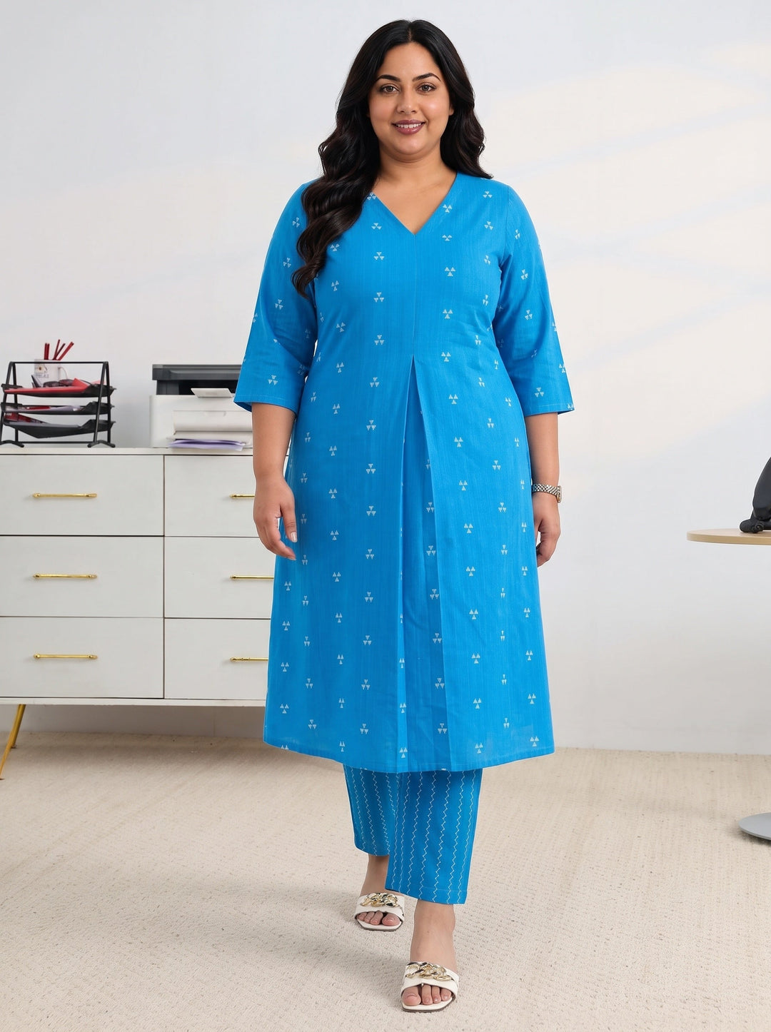 Plus Size Blue Woven Design Cotton Blend A-Line Kurta Set