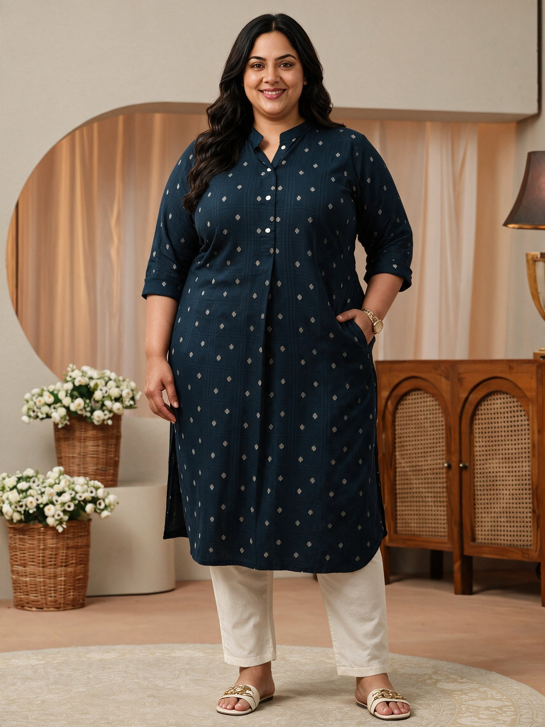 Plus Size Blue Woven Design Rayon Straight Kurta