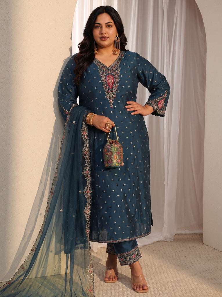 Plus Size Blue Woven Design Silk Blend A-Line Suit Set With Dupatta