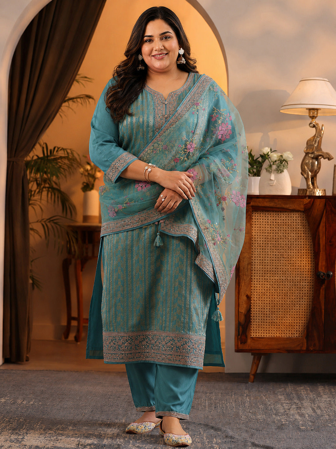  Plus Size Blue Woven Design Silk Blend Straight Suit Set With Dupatta 