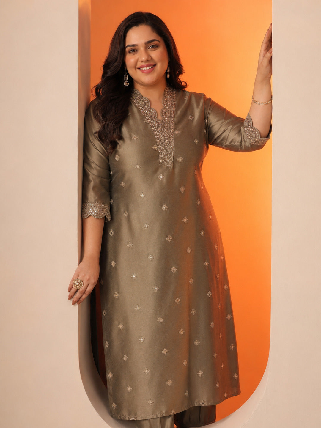 libas Plus Size Brown Embroidered Silk Blend Straight Kurta Set-picture-21