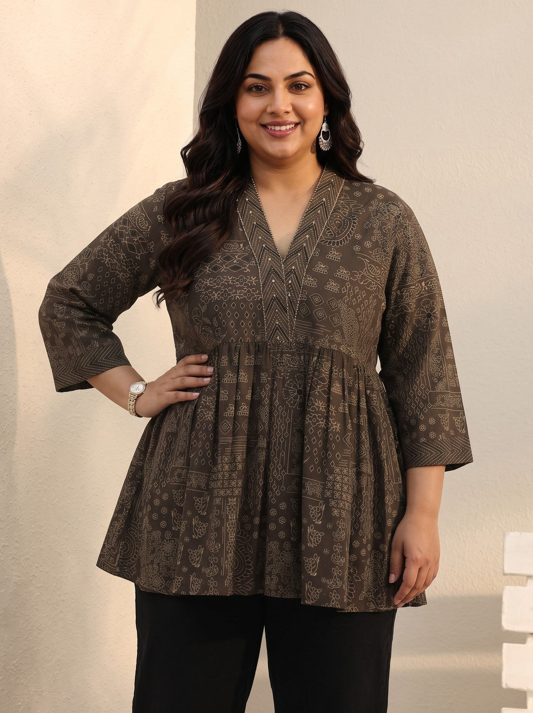  Plus Size Brown Ethnic Printed Cotton A-Line Short Kurti 