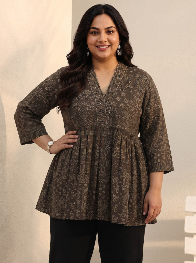 Plus Size Brown Ethnic Printed Cotton A-Line Short Kurti