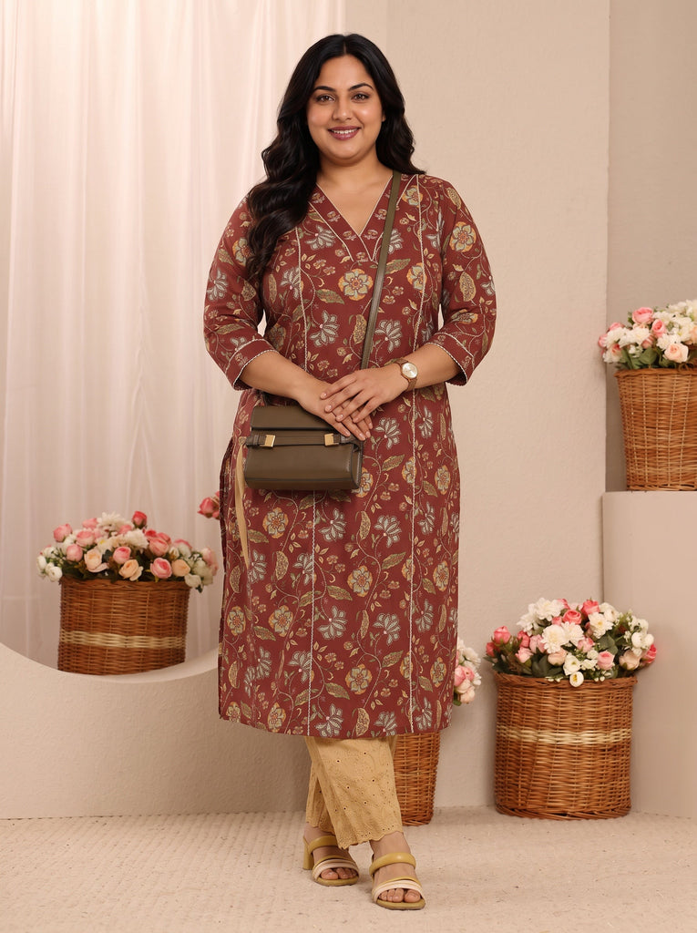 Plus Size Brown Floral Printed Cotton Straight Kurta
