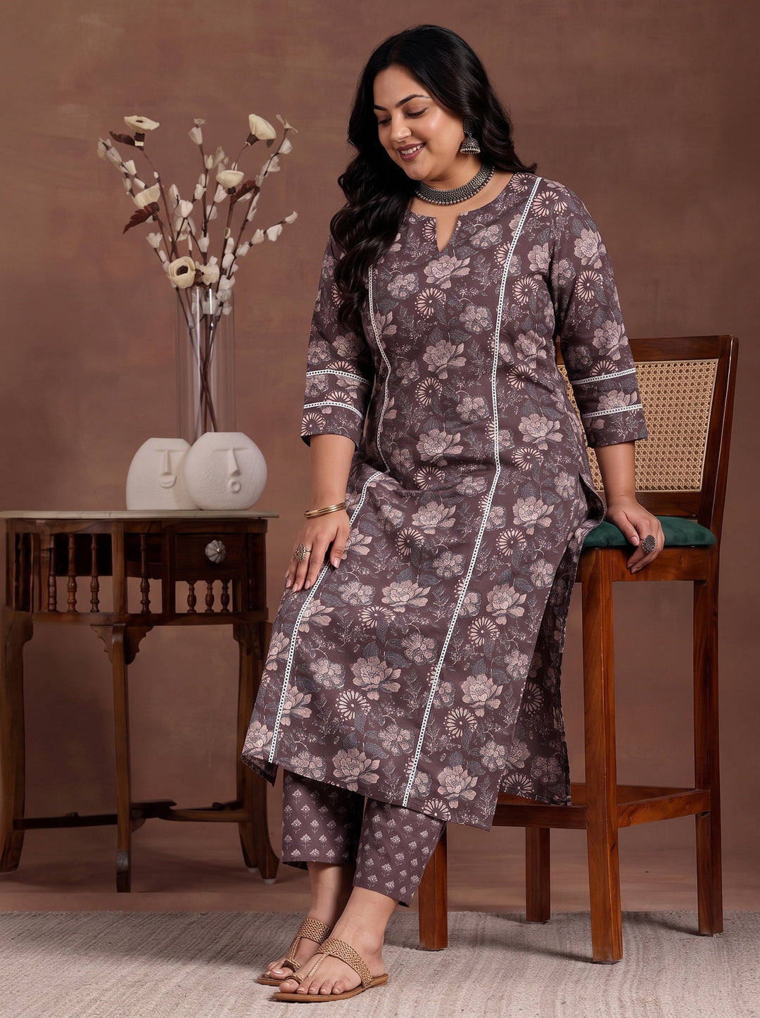 Plus Size Brown Printed Cotton Straight Kurta Set