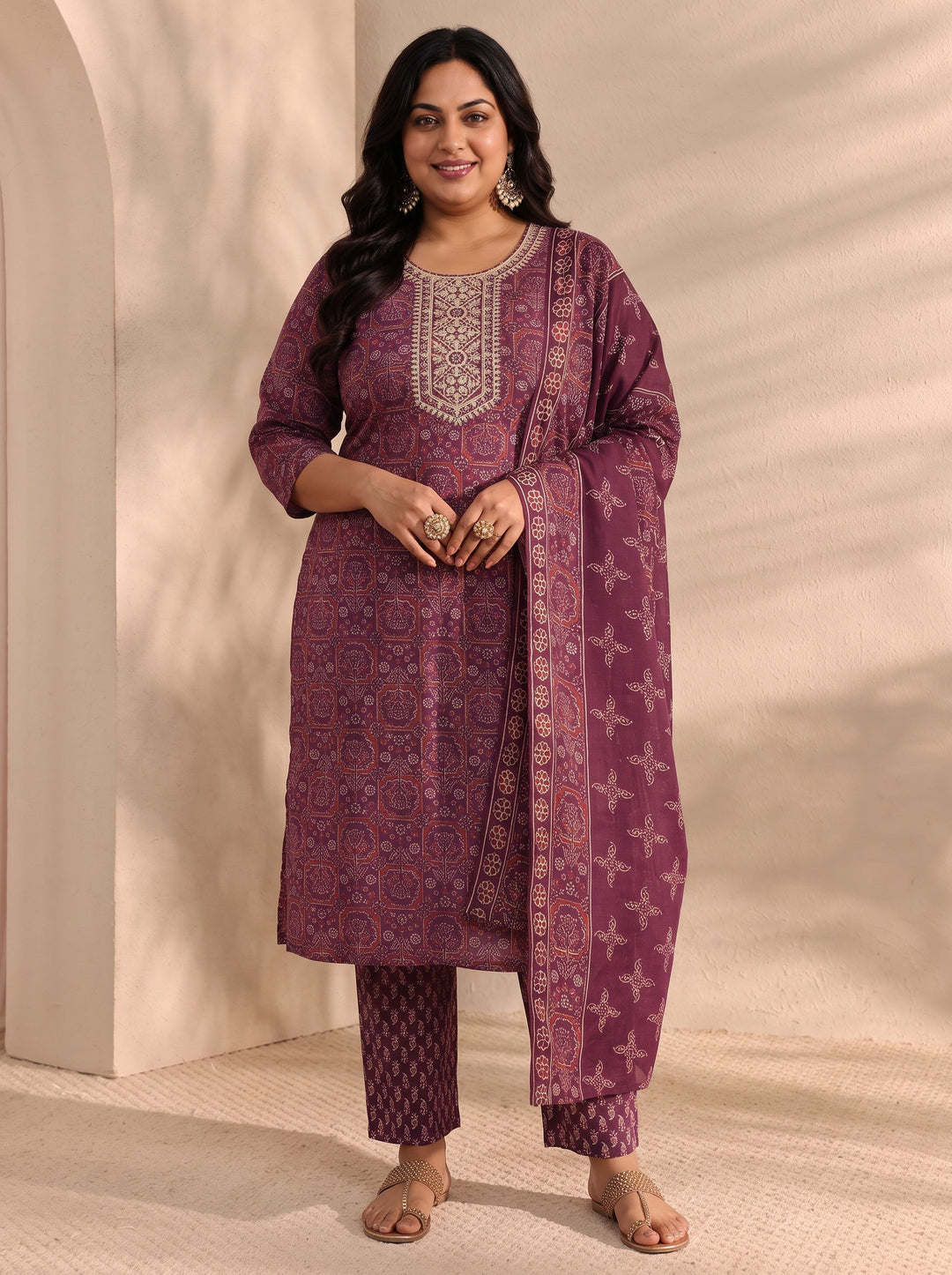 Plus Size Burgundy Ajrak Printed Cotton Blend Straight Suit Set With Dupatta