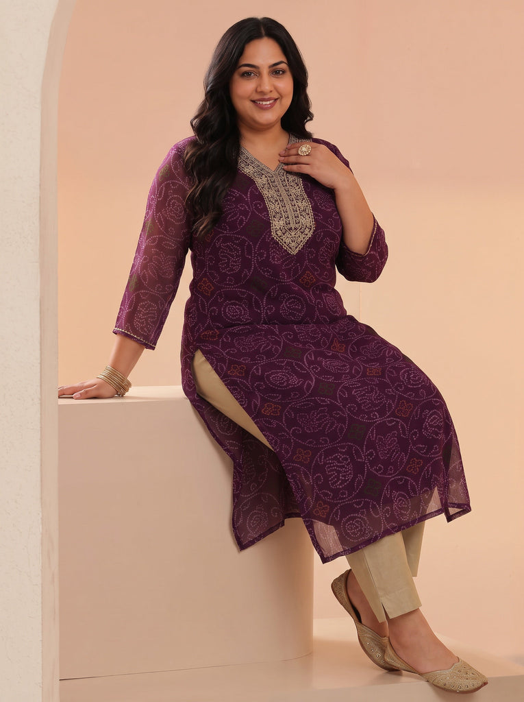 Plus Size Burgundy Bandhani Printed Chiffon Straight Kurta