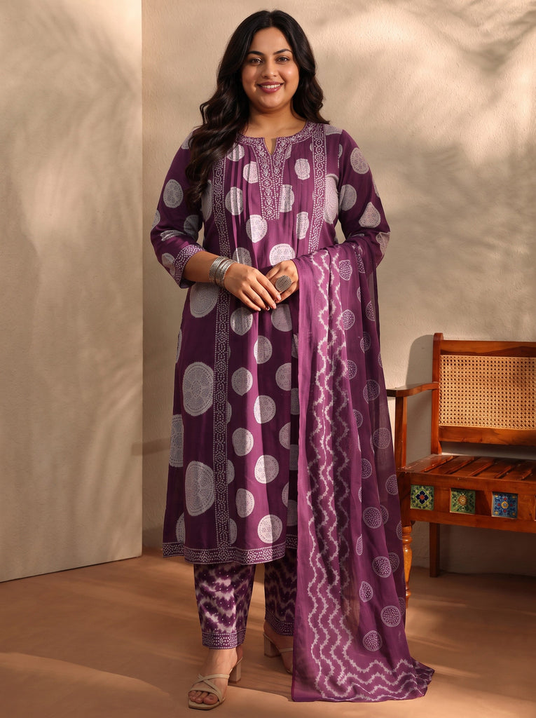 Plus Size Burgundy Bandhani Printed Cotton Blend A-Line Suit Set With Dupatta