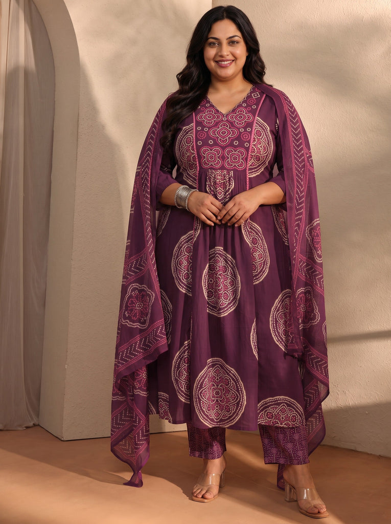 Plus Size Burgundy Bandhani Printed Cotton Blend A-Line Suit Set With Dupatta