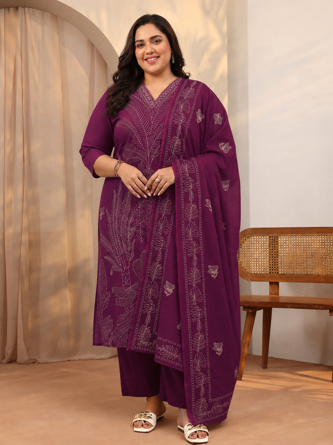 libas Plus Size Burgundy Embroidered Cotton Straight Suit Set With Dupatta-picture-20
