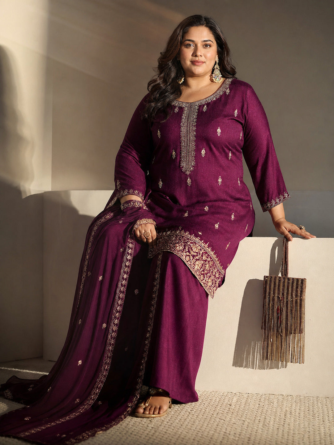libas Plus Size Burgundy Embroidered Silk Blend Palazzo Suit Set With Dupatta-picture-33