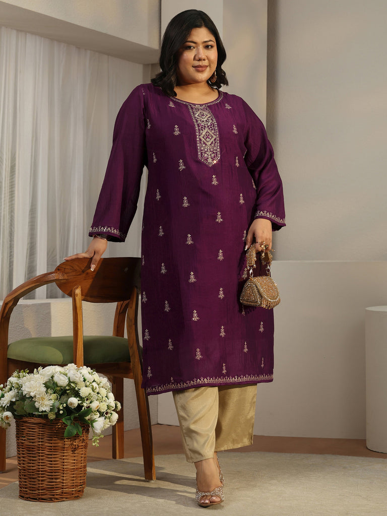 Plus Size Burgundy Ethnic Embroidered Silk Blend Straight Kurta