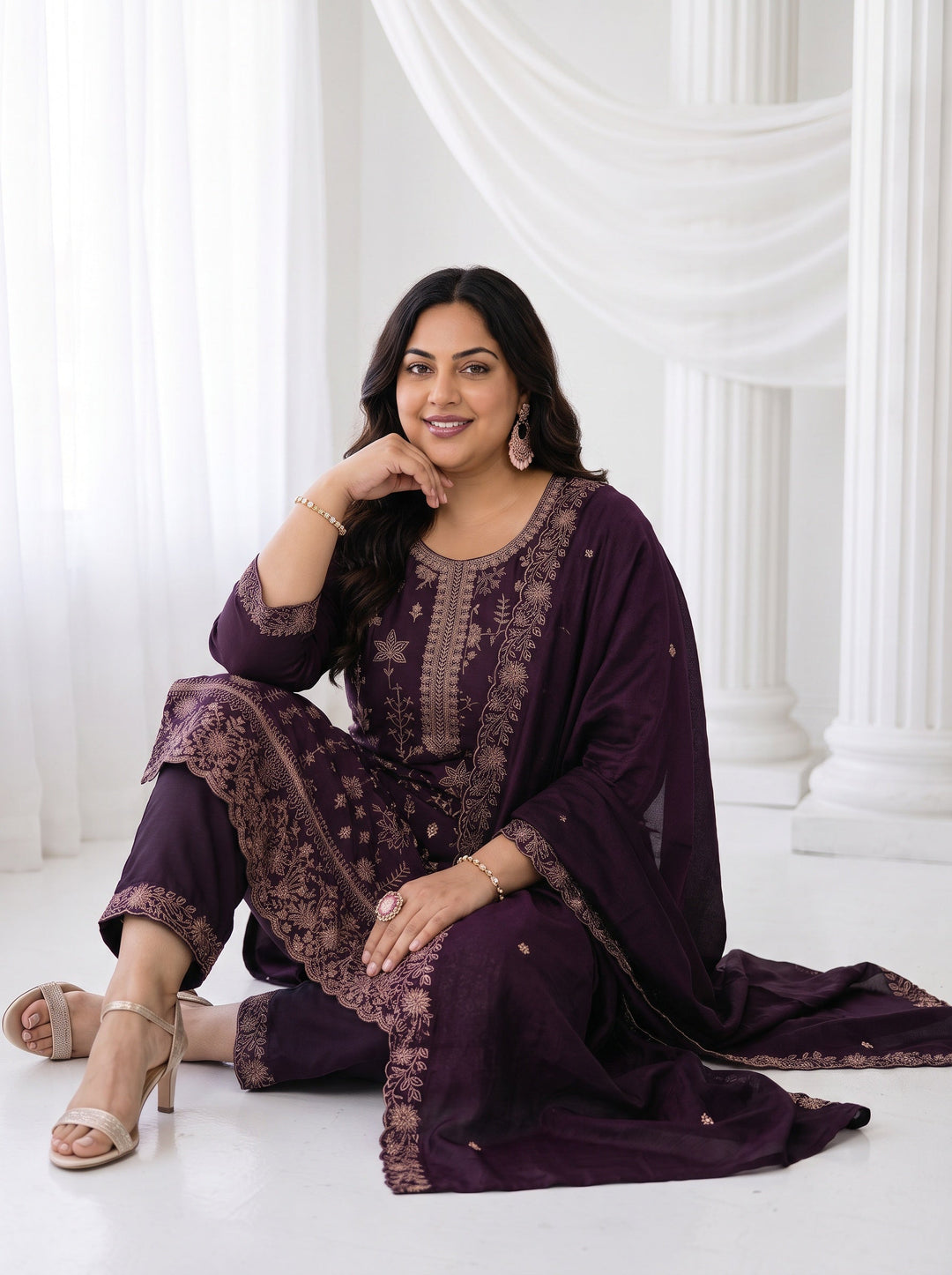  Plus Size Burgundy Floral Embroidered Silk Blend Straight Suit Set 