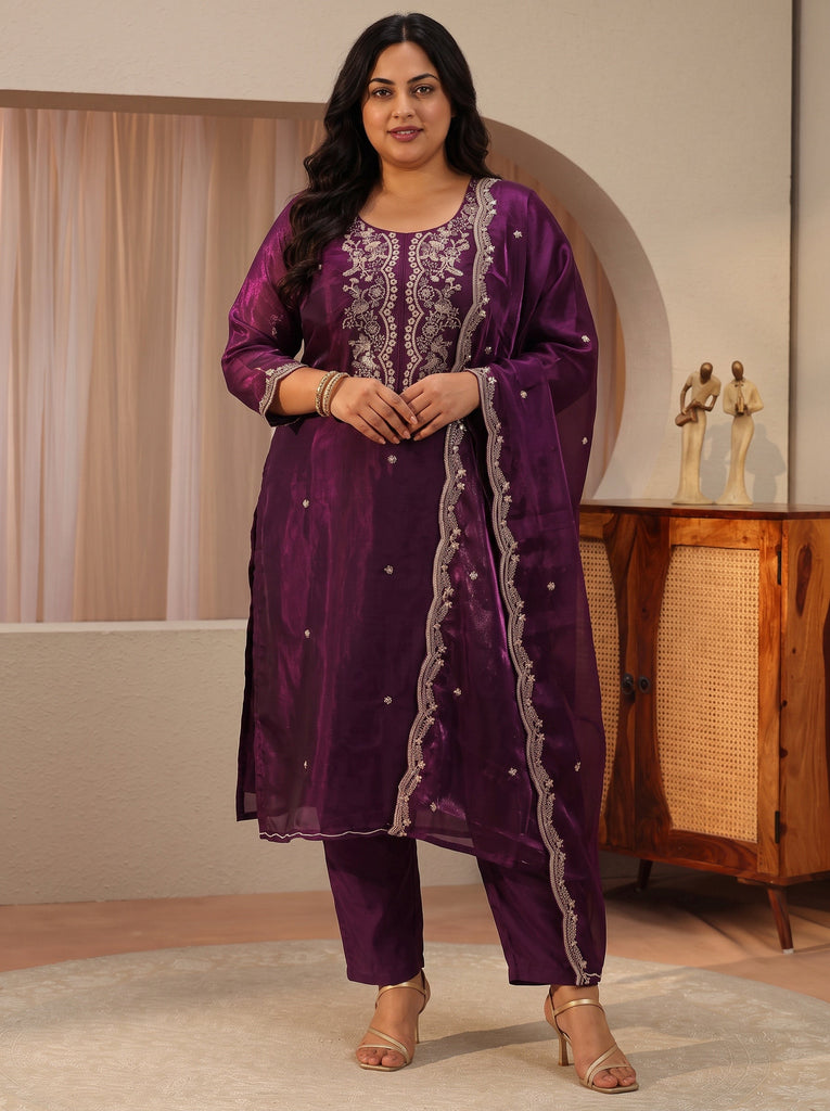 Plus Size Burgundy Floral Embroidered Tissue Straight Suit Set