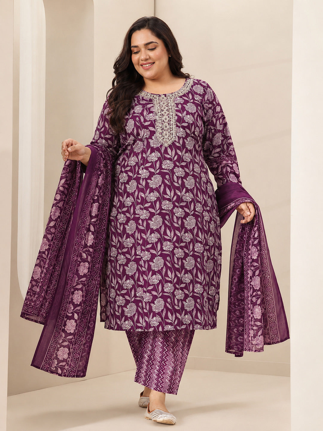 libas Plus Size Burgundy Printed Cotton Blend Straight Suit Sets With Dupatta-picture-11