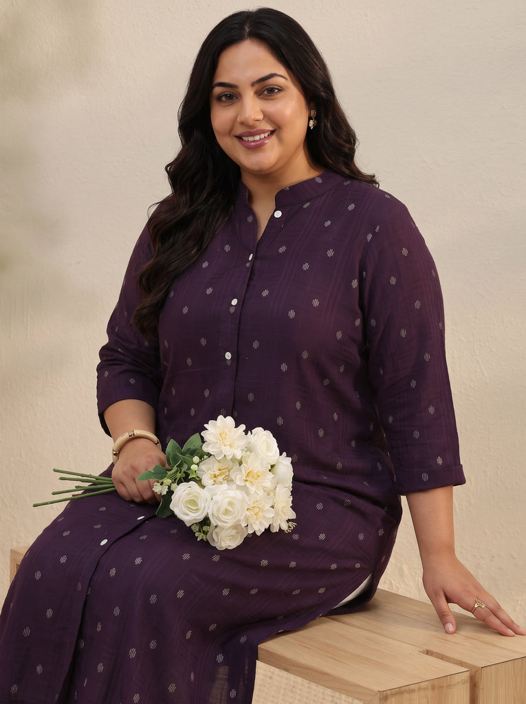 Plus Size Burgundy Woven Design Rayon Straight Kurta