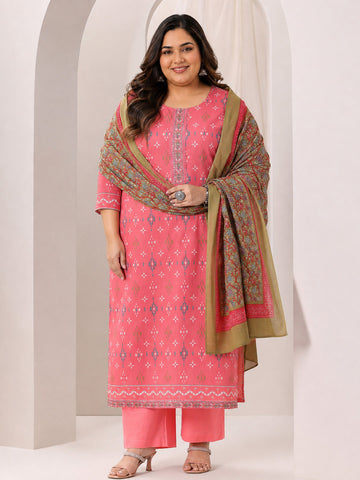Plus Size Coral Printed Cotton Straight Suit Set With Dupatta