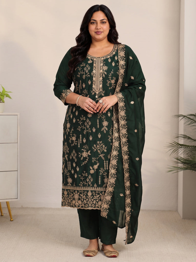 Plus Size Dark Green Floral Embroidered Silk Blend Straight Suit Set