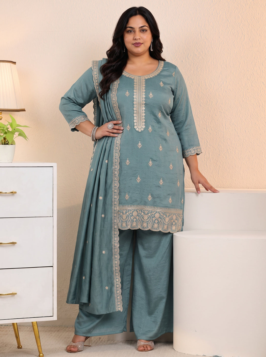  Plus Size Dusty Blue Floral Embroidered Silk Blend Palazzo Suit Set 