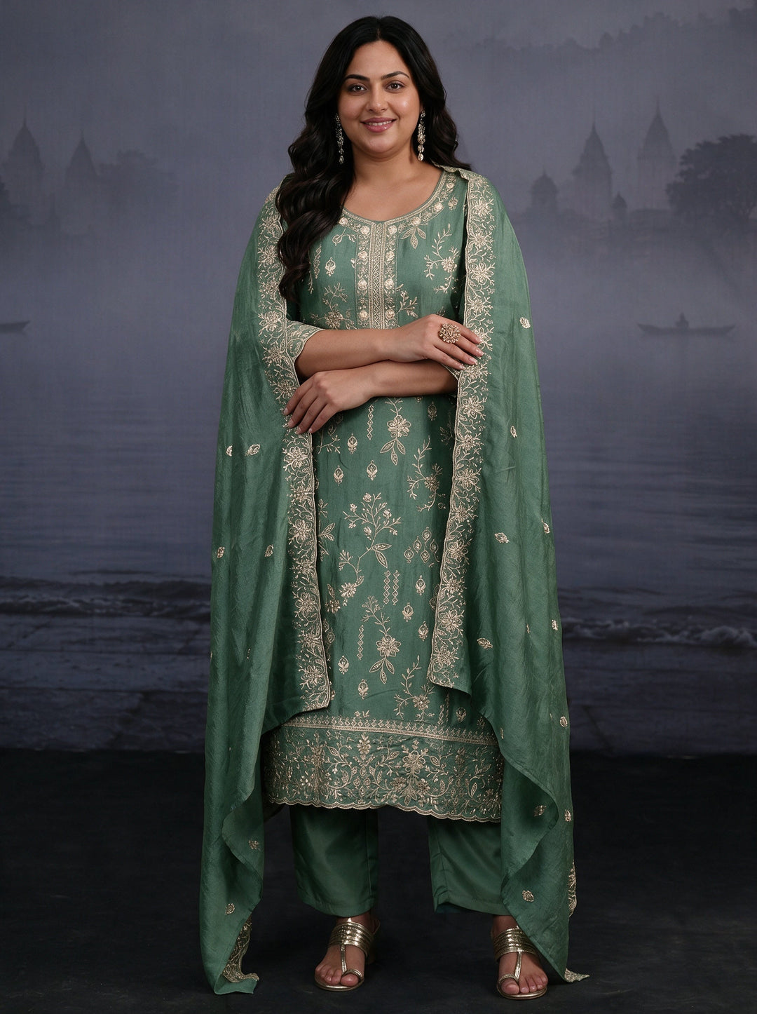 Plus Size Dusty Mint Green Floral Embroidered Silk Blend Straight Suit Set