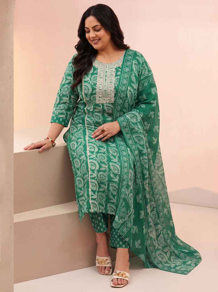 Plus Size Emerald Green Printed Cotton Straight Suit Set