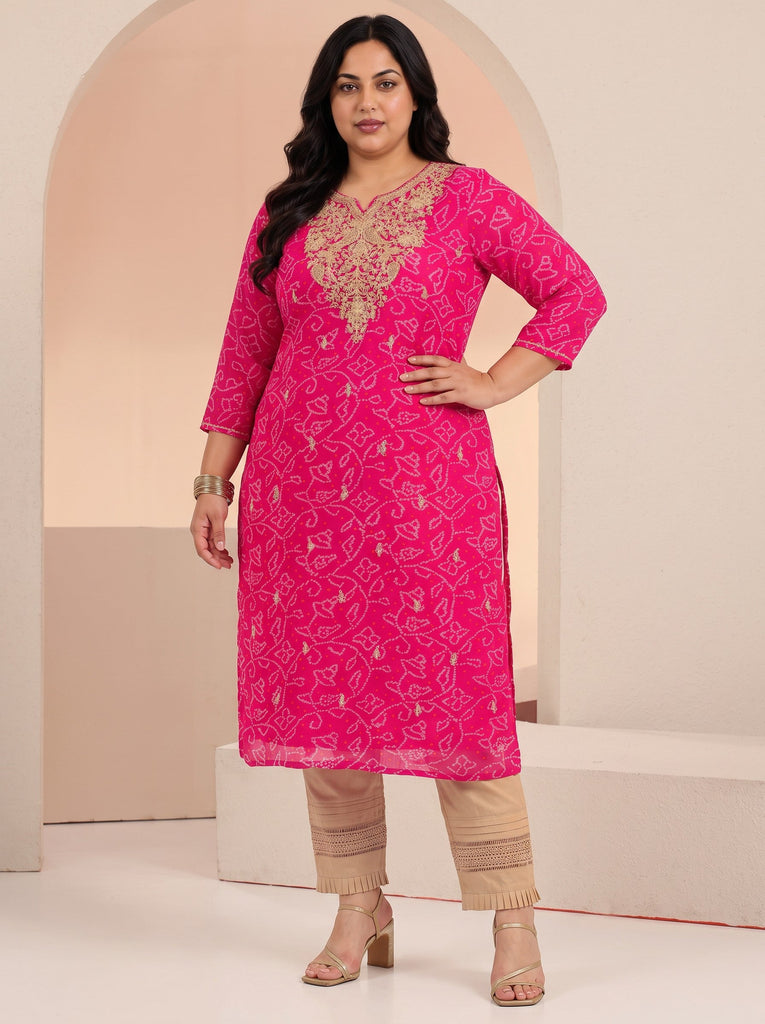 Plus Size Fuchsia Pink Bandhani Printed Chiffon Straight Kurta