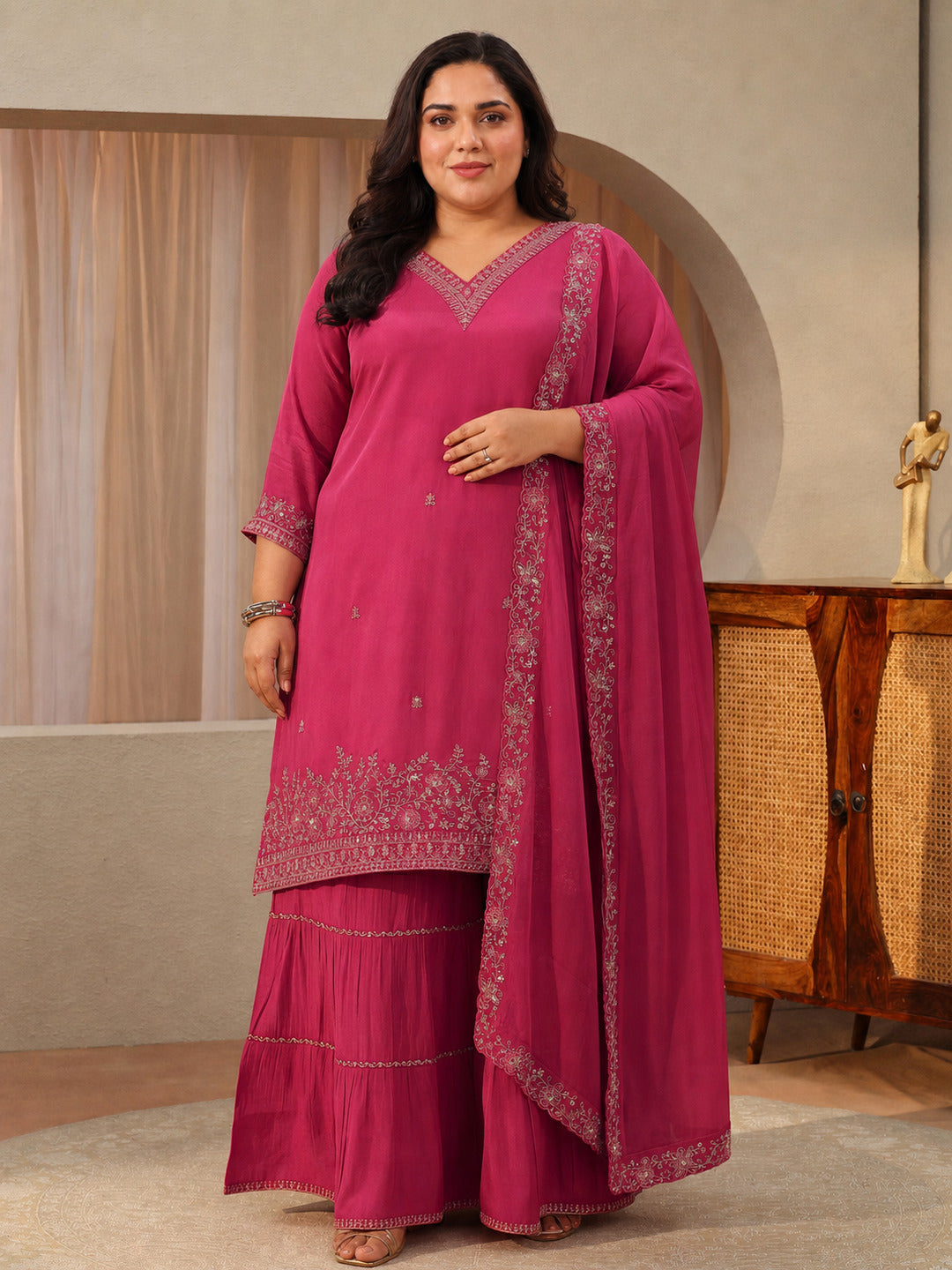 libas Plus Size Fuchsia Pink Embroidered Chanderi Cotton Sharara Suit Set-picture-68