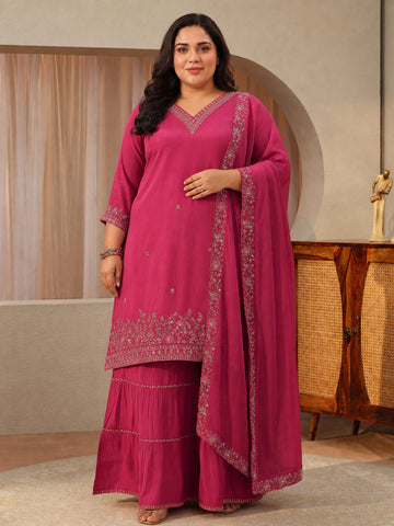 Plus Size Fuchsia Pink Embroidered Chanderi Cotton Sharara Suit Set