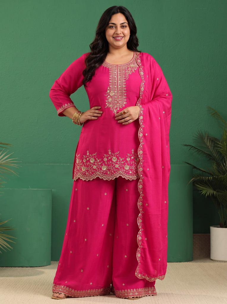Plus Size Fuchsia Pink Floral Embellished Chinon Palazzo Suit Set