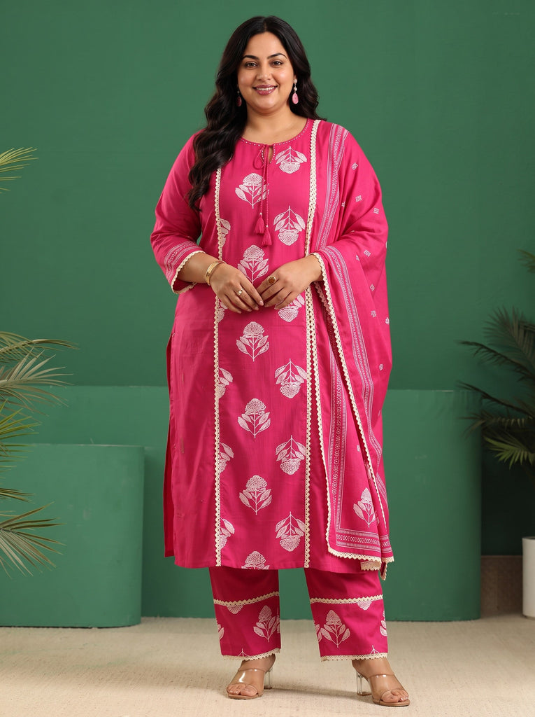 Plus Size Fuchsia Pink Floral Printed Cotton Straight Suit Set