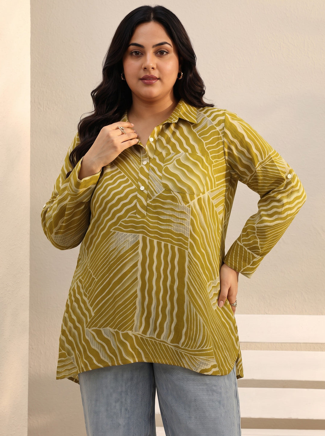  Plus Size Green Abstract Printed Silk Blend Tunic 