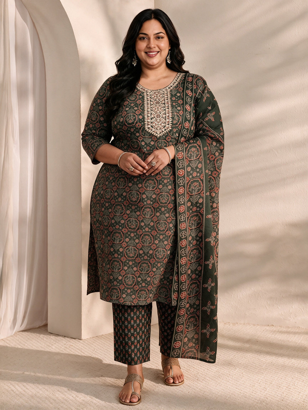 Plus Size Green Ajrak Printed Cotton Blend Straight Suit Set With Dupatta